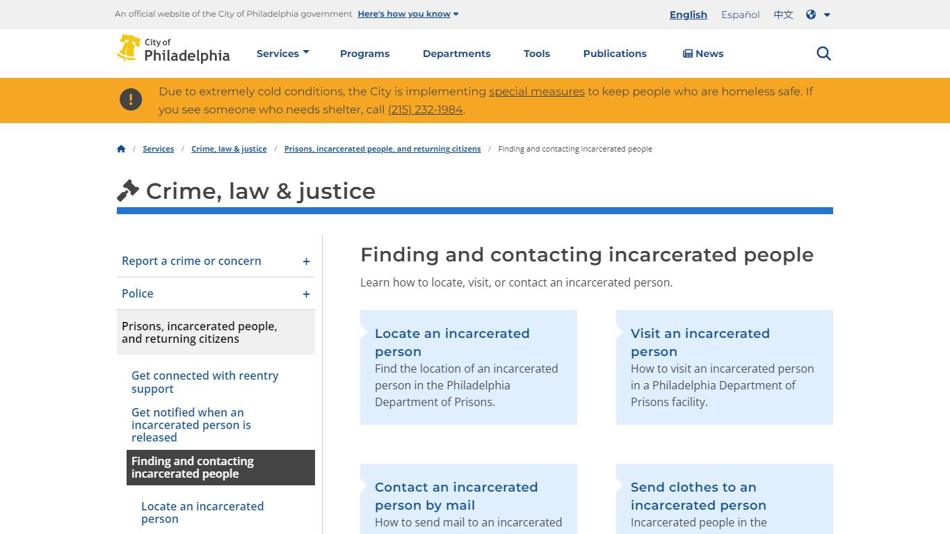 Finding and contacting incarcerated people - City of Philadelphia